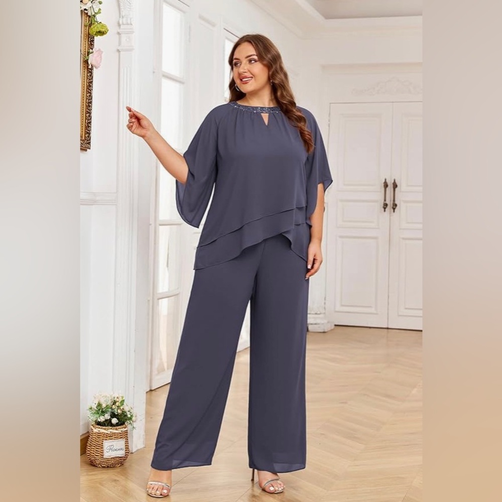 Hanna Nikole Mother of Bride 2 piece Chiffon Pant Suits Plus Size Half Sleeve